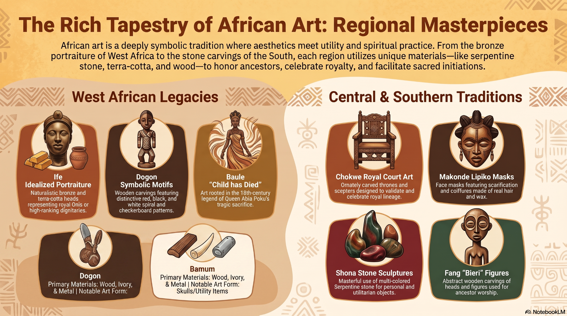 Regional Masterpieces of African Art infographic — Ife, Dogon, Baule, Bamum, Chokwe, Makonde, Shona, Fang