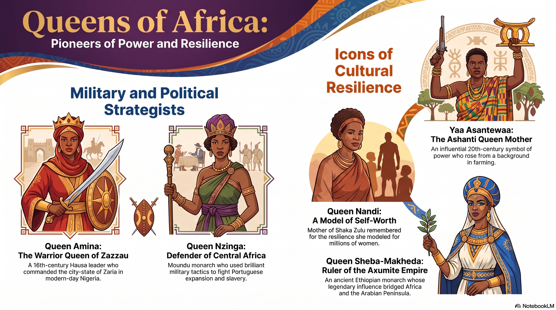 Queens of Africa infographic featuring Amina, Nzinga, Nandi, Yaa Asantewaa, and Sheba-Makheda