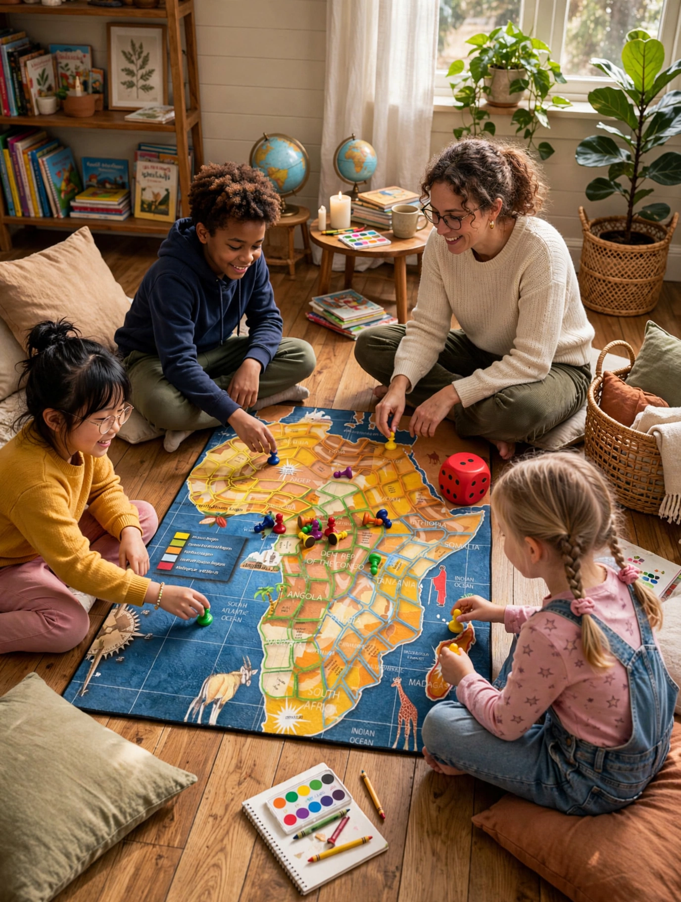 A homeschool family playing on the Africa Memory Map